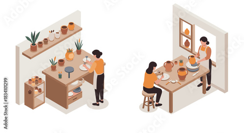 Creative pottery studio scene in isometric style with people crafting ceramics