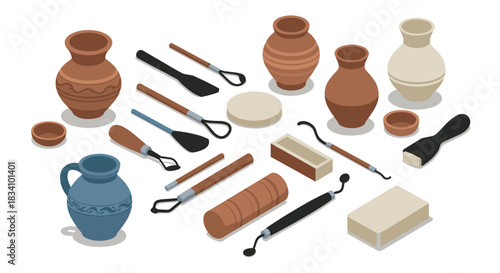 Isometric pottery tools and clay vases set for ceramic art projects