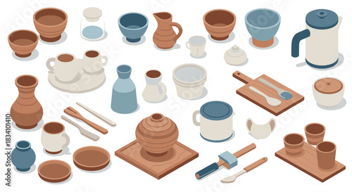 Isometric collection of ceramic and pottery items for kitchen decor