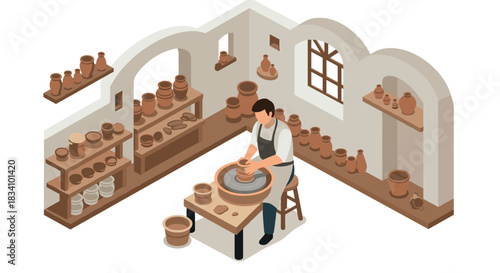 Isometric pottery workshop scene with craftsman shaping clay on pottery wheel in ceramics studio