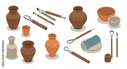 Traditional clay pottery and crafting tools in isometric style