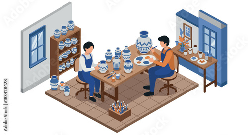 Pottery artisans creating ceramic vases in isometric workshop scene