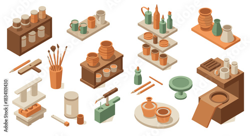 Isometric pottery workshop tools and shelves with vases and brushes