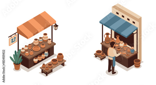 Isometric market stalls with pottery items and customer