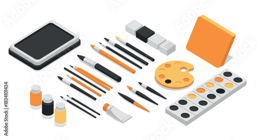Creative art supplies isometric set: pencils, brushes, palette, paints, and more on white background