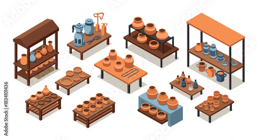 Isometric ceramic pottery display with various clay pots and containers