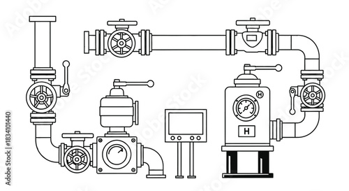 Industrial plumbing system with valves and gauges, technical schematic illustration