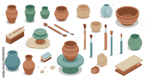 Isometric ceramic workshop with pottery and tools on white background