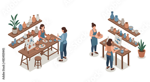 Creative pottery workshop scene with people crafting ceramics in isometric style