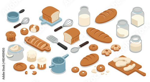 Isometric bakery elements with bread, milk, and baking tools on white background