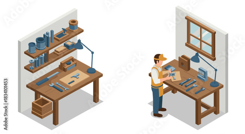 Isometric workshop: craftsman working at woodwork bench with tools