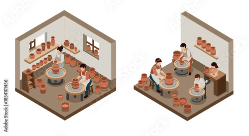 Isometric pottery workshop scene with people crafting clay pots in studio