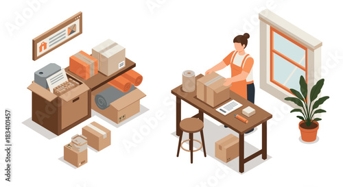Isometric home office packing scene: woman preparing parcels for shipping