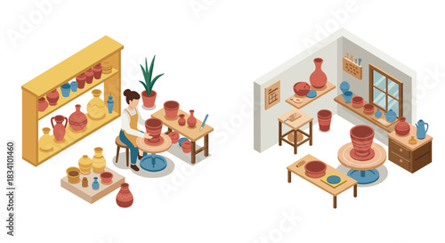 Isometric pottery studio: crafting ceramics in a cozy workshop setting