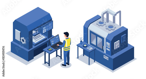 Industrial automation: engineer operating cnc machines in modern factory setting