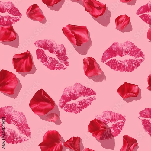 Seamless Valentine's Day Pattern with Red Lip Prints and Rose Petals on Pink Background