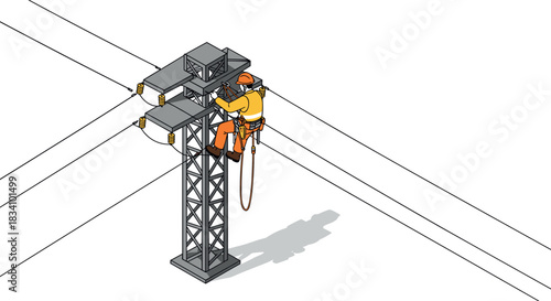 Isometric worker inspecting power line tower for electrical maintenance safety