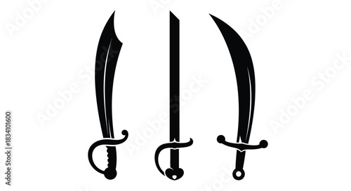 Three sharp swords with curved blades and protective hilts arranged on a white background