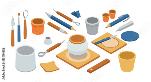Pottery tools and equipment in isometric style for creative ceramics crafting