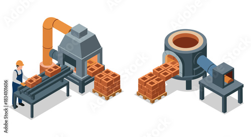 Industrial brick manufacturing process in isometric style