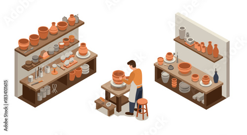 Isometric pottery workshop scene with ceramic artist crafting on a wheel at a studio