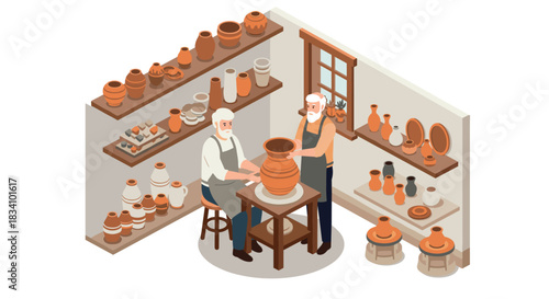 Isometric pottery workshop with two craftsmen creating clay vases