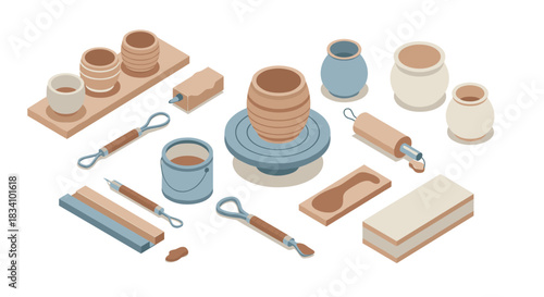 Isometric pottery tools and equipment: creative crafting essentials