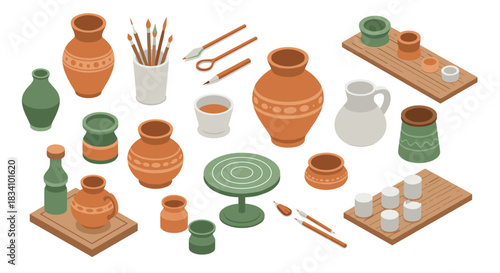 Isometric pottery set with ceramic vases and art tools in earth tones
