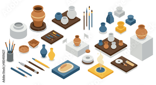 Isometric ceramic art supplies and tools for pottery and sculpting enthusiasts