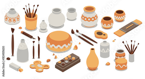 Isometric pottery workshop elements with brushes and tools in earth tones