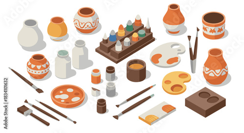 Isometric ceramic art supplies and painting tools set in earthy tones