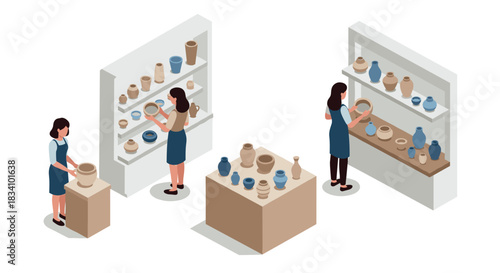 Isometric pottery workshop scene with people crafting and displaying handmade ceramics in a studio setting