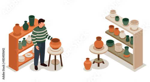 Isometric pottery shop scene with shelves and potter creating clay vases