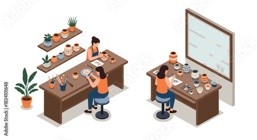 Creative workshop with women crafting pottery in cozy studio setting