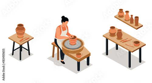 Isometric artisanal pottery making with pottery wheel and clay vases