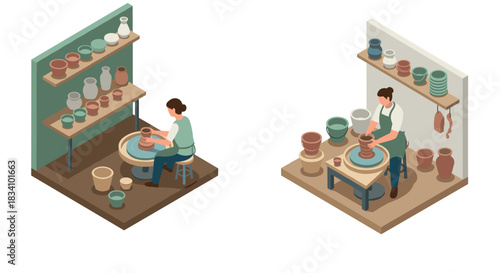 Pottery crafting with clay: 3d isometric art of artists shaping ceramics in studios