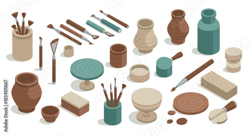 Pottery tools and ceramics in isometric art for creative crafting and design