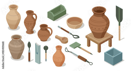 Isometric pottery and ceramic tools with various vases and utensils on white background
