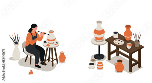 Isometric pottery workshop: artisan handpainting ceramics in creative studio setting