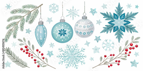 An Arctic ice Christmas vector elements pack featuring snow-covered landscapes, icy decorations, polar motifs, snowflakes, and winter holiday details in a cool, crisp style.