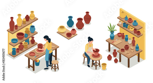 Isometric pottery workshop: crafting clay art with tools, shelves, and pottery wheel