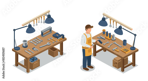 Isometric workshop scene with tools and craftsman