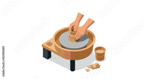 Crafting pottery: hands shaping clay on a pottery wheel in isometric style