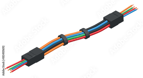Colorful 3d isometric electrical wires with connectors on a white background