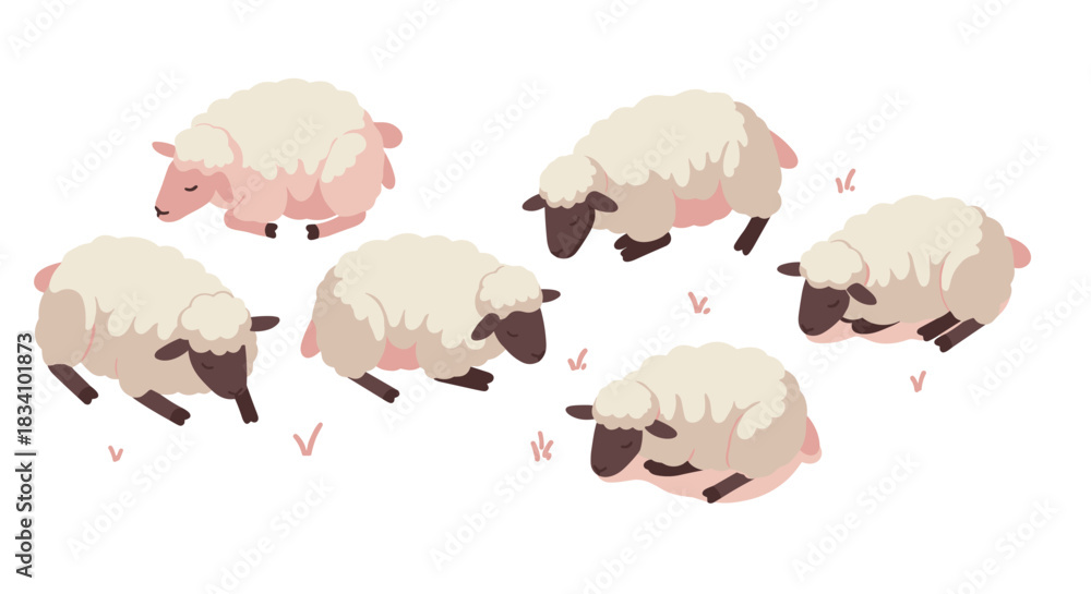 Fototapeta premium Adorable cartoon sheep grazing and resting in pastel shades
