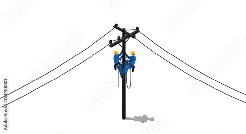 Isometric utility workers climbing power pole for electrical maintenance and repair