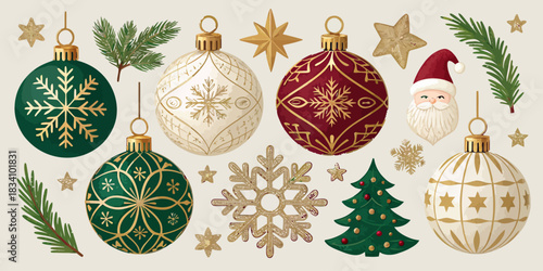 An elegant Christmas vector pack showcasing ornaments, stars, wreaths, pine branches, and festive decorative elements in a classy, modern, and cozy style.
