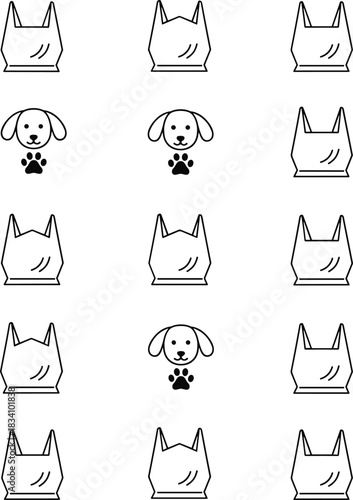 Cat and dog icon grid, visual puzzle, pattern recognition game, animal face symbols, logic test design, flat vector illustration