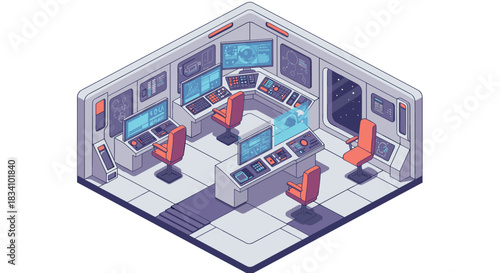 Futuristic isometric space station control room with advanced technology and screens