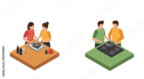 Cooking activity with diverse couples in isometric style on colorful backgrounds